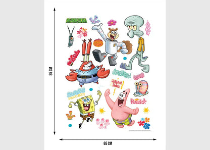A SpongeBob-themed wall decal sheet featuring multiple cartoon characters and text elements, shown with dimension markings of 65 cm by 65 cm on a light gray background.