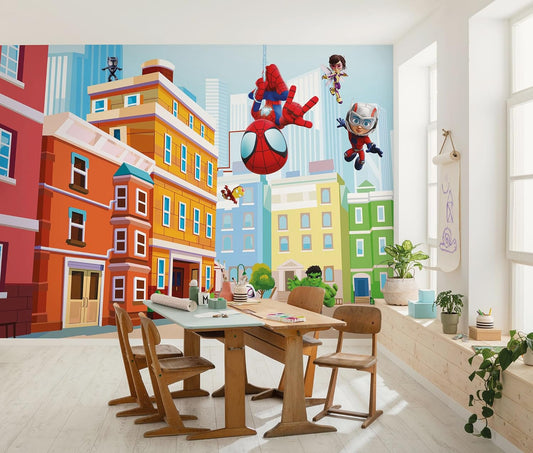 Children's room with colorful mural of superhero characters and buildings.