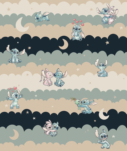 Cartoon character pattern with blue and pink elements on a striped background
