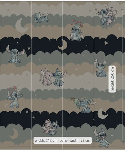 Pattern of cartoon characters on a dark background with text indicating dimensions.