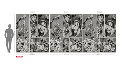 Comic book layout with panels and a character silhouette for scale, featuring the Komar brand.