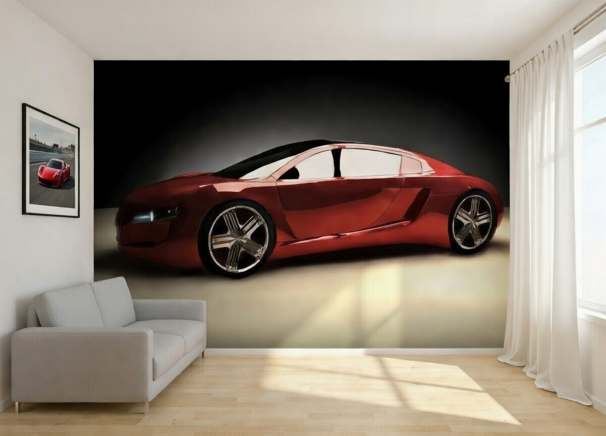 Modern living room with a large wall mural of a red sports car.