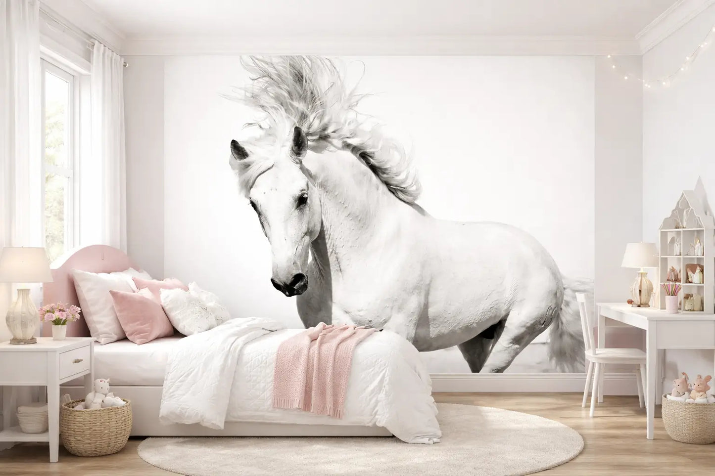 White horse wall mural in a bedroom with pink accents