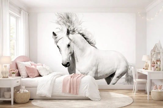 White horse wall mural in a bedroom with pink accents