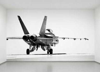 Black and white image of a fighter jet on a white background