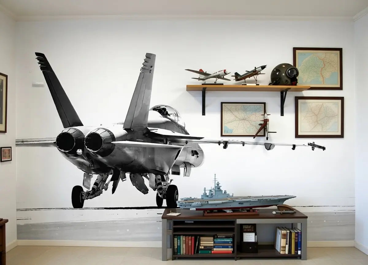 Large airplane mural on a wall with shelves displaying model airplanes and maps.