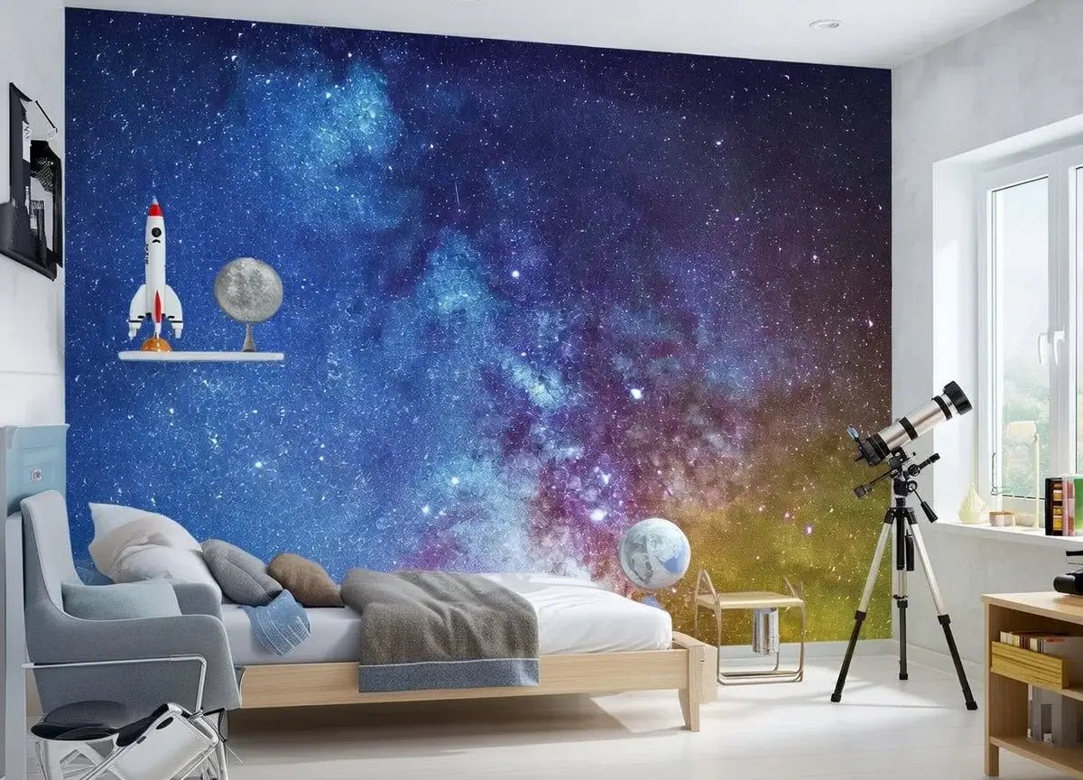 Bedroom with space-themed wall mural, telescope, and astronaut figure.