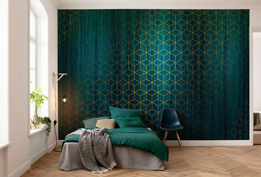 Mystique Vert Green and Gold Geometric Non-woven photo wallpaper 