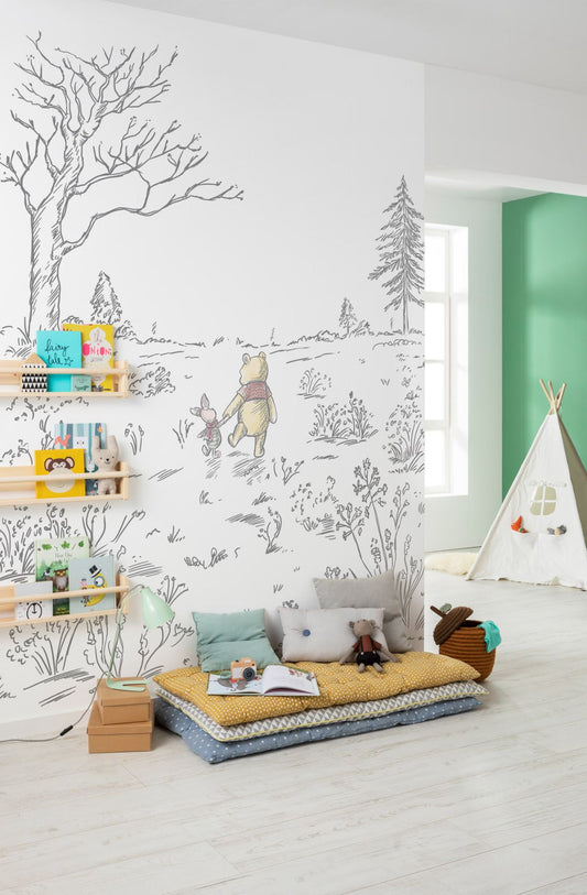 Disney Winnie Pooh and Piglet walk white forest Non-Woven Wallpaper Mural 200 cm x 280 cm (78" x 110")