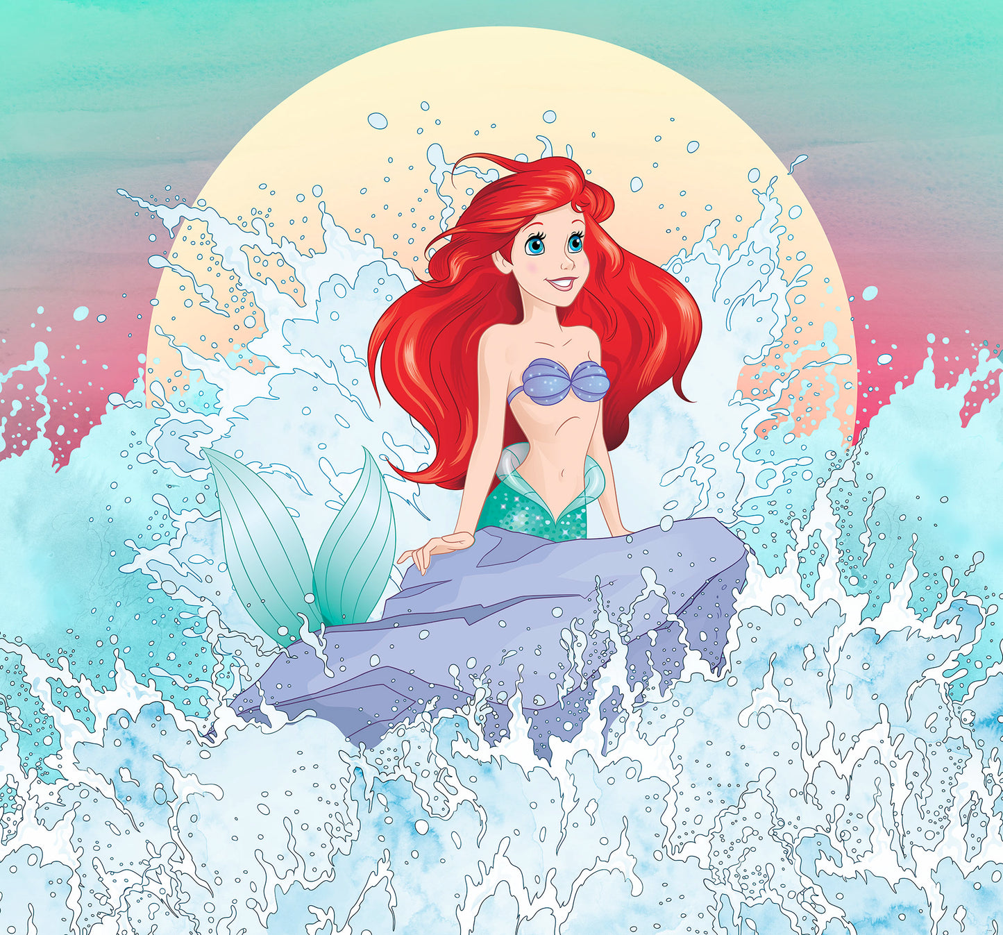 Disney Ariel the Little Mermaid among the waves Non-Woven Wallpaper Mural 300 cm x 280 cm | 118" x 110"