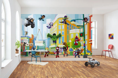 A colorful non-woven wallpaper mural featuring animated characters from Spider-Man series