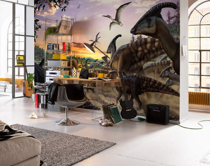 National Geographic Parasaurolophus Herd, Dinosaurs Non-Woven Wallpaper Mural 450 cm x 280 cm (177" x 110")