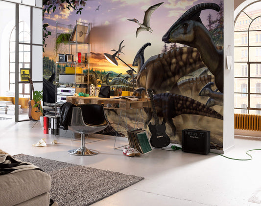 National Geographic Parasaurolophus Herd, Dinosaurs Non-Woven Wallpaper Mural 450 cm x 280 cm (177" x 110")