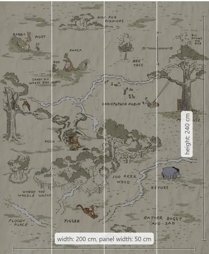 Disney Winnie The Pooh characters Map Non-Woven Wallpaper Mural 200 cm x 240 cm (78" x 94")