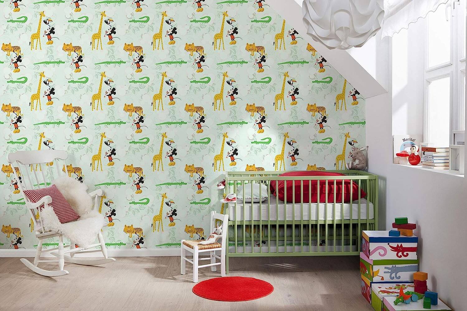 Children's room with cartoon animal wallpaper