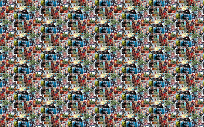 Collage of various superhero comic book panels with multiple characters and scenes.