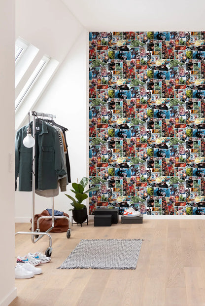 Room interior with a wall covered in a collage of small images wallpaper