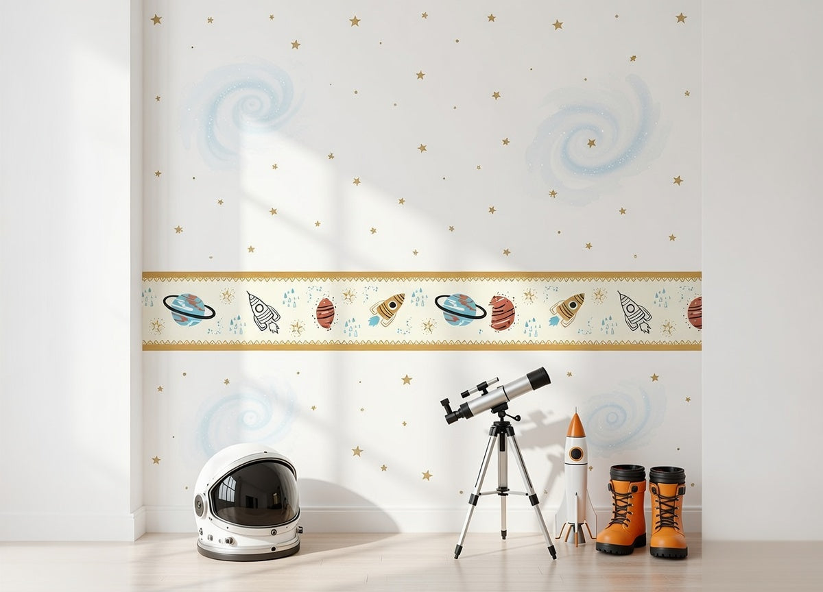 Decorative border strip with space-themed illustrations self adhesive art