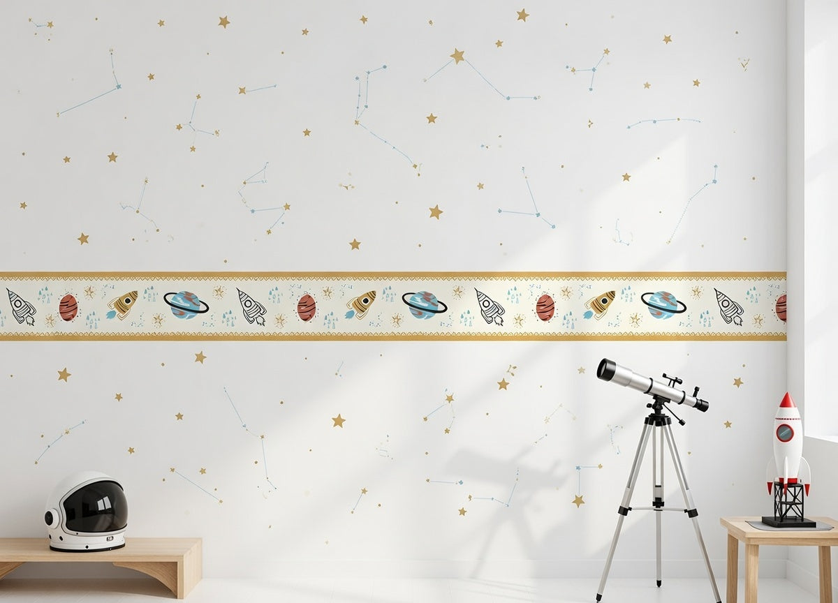 Decorative border strip with space-themed illustrations self adhesive kids room