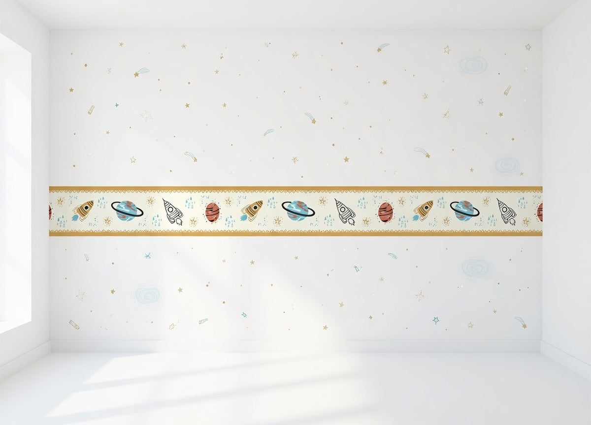 Decorative border strip with space-themed illustrations self adhesive