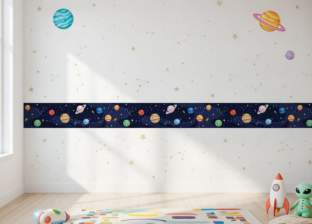 Children's room with space-themed wallpaper border