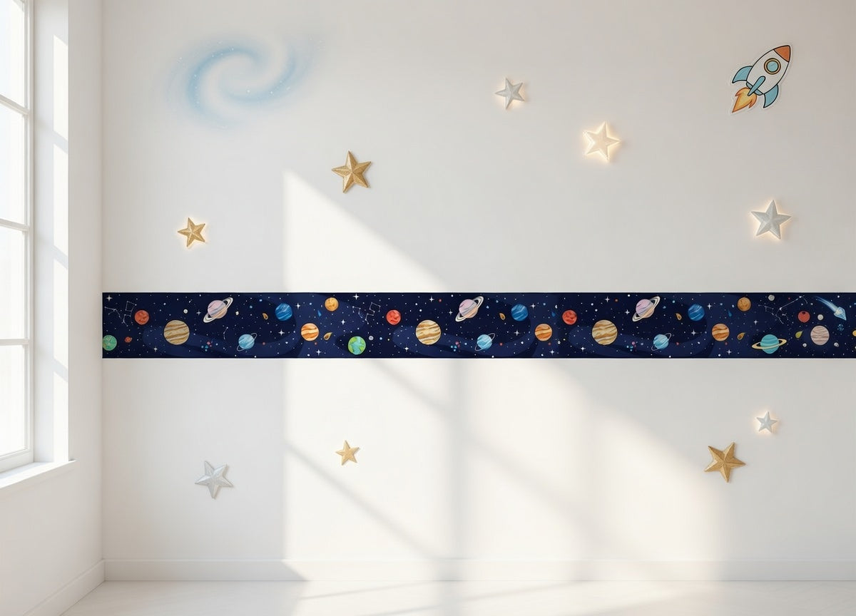 Children's room with space-themed wallpaper border cosmos