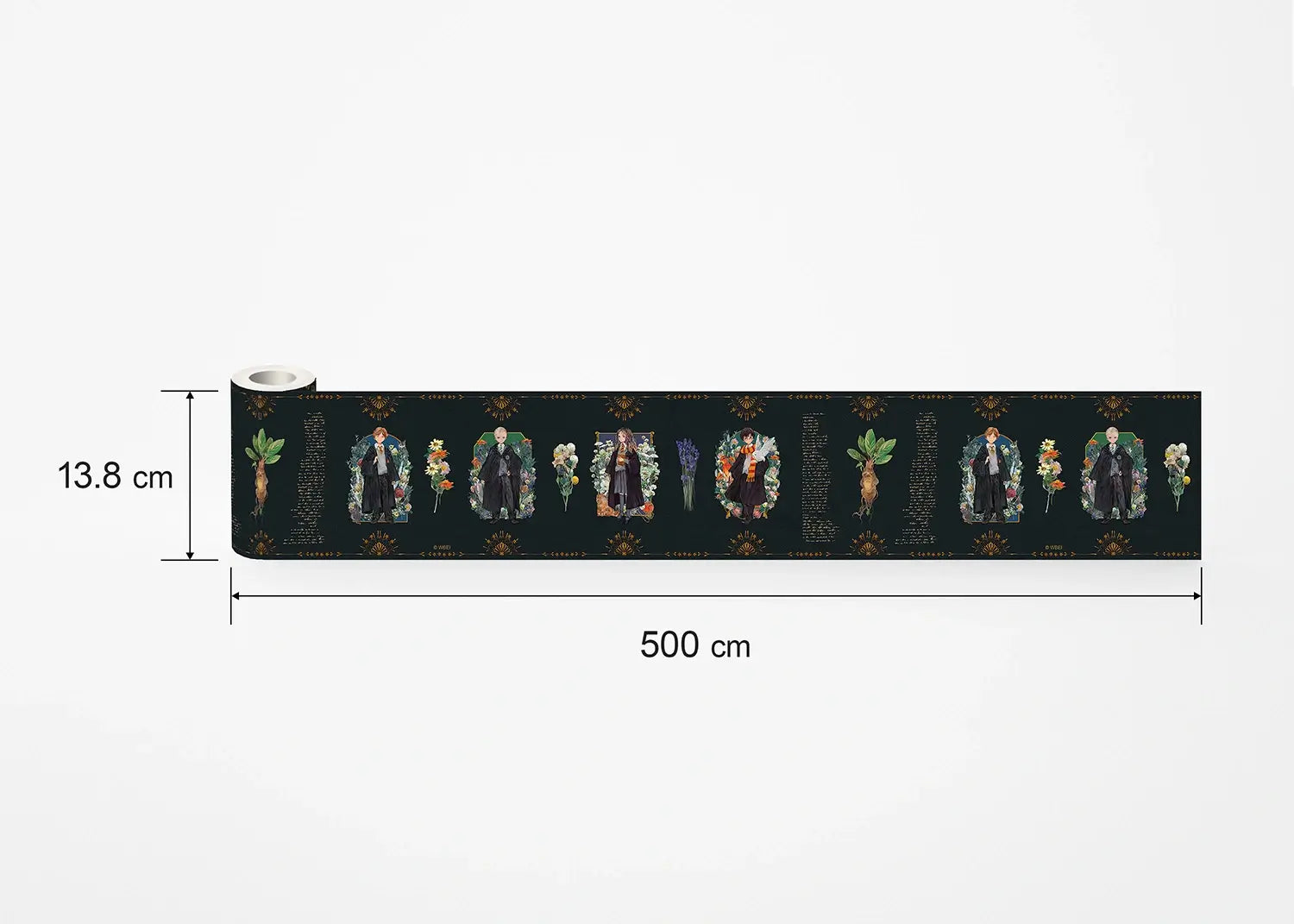 Roll of fabric with printed design and dimensions on a white background
