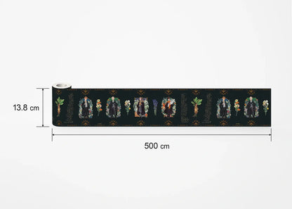 Roll of fabric with printed design and dimensions on a white background