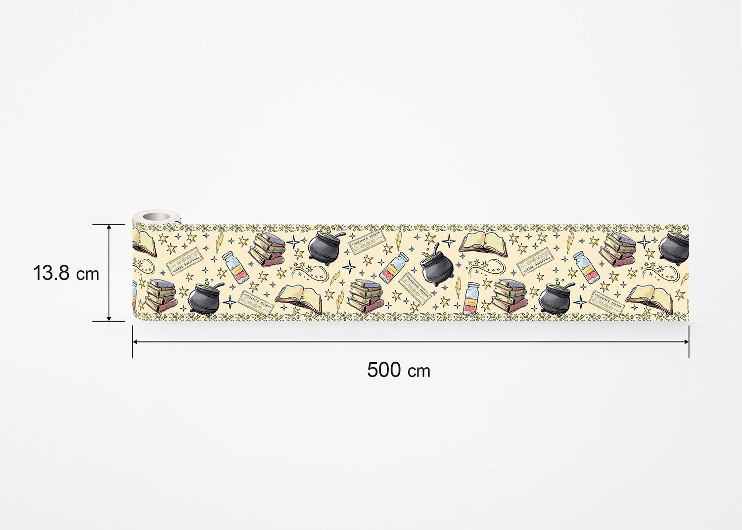 Decorative border strip with illustrations and measurements on a white background
