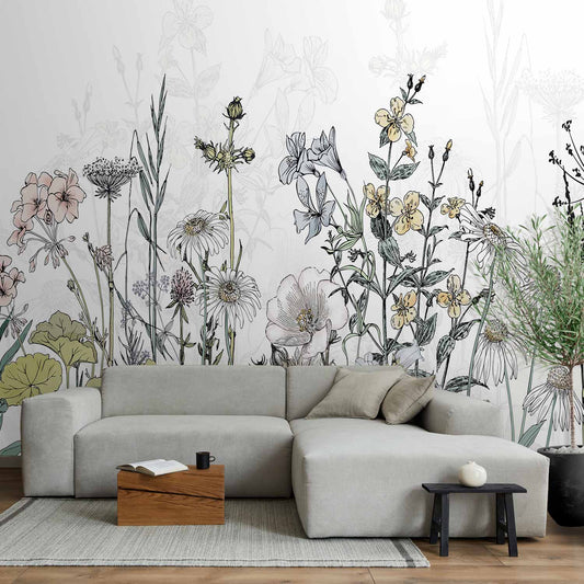 Floral Drawing Meadow Wall Non-woven Photo Wallpaper b-A-0702-a-a