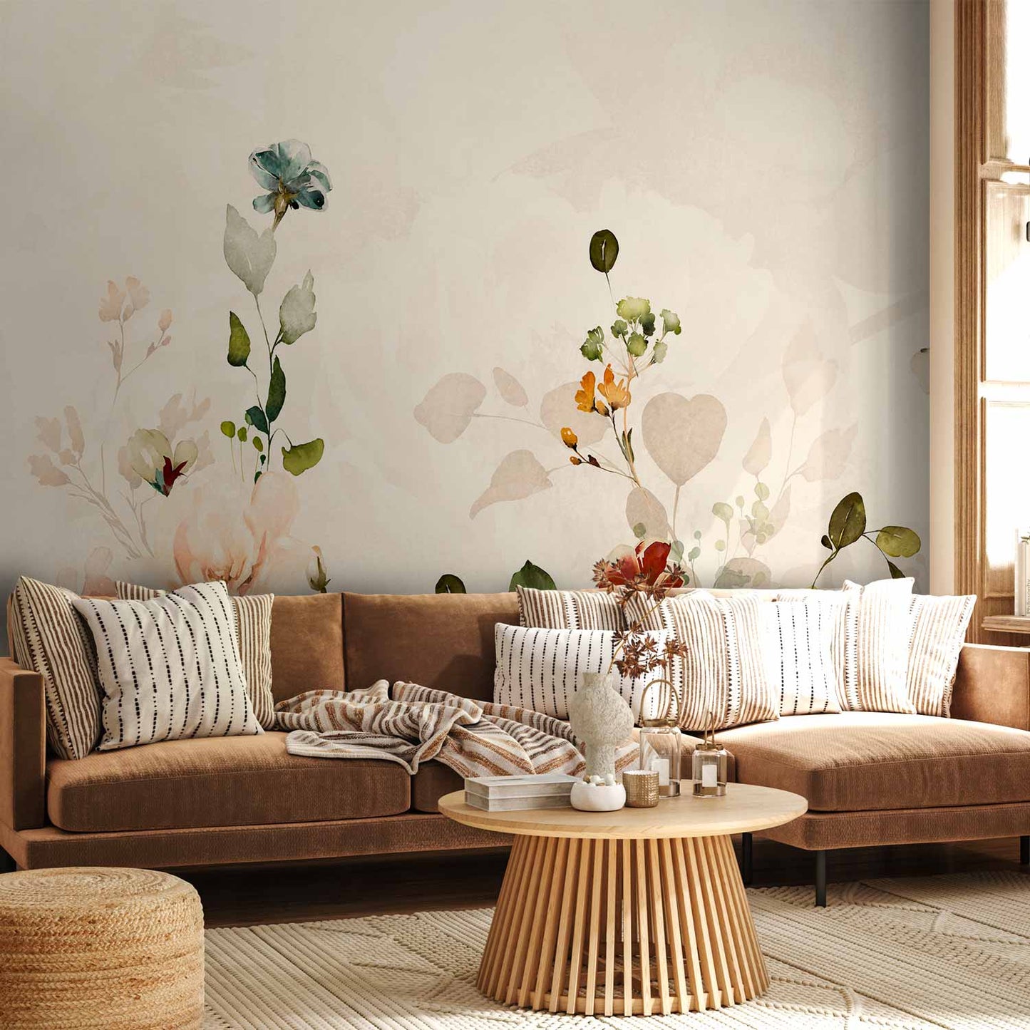 Beige Background Living Room Floral Non-woven Photo Wallpaper b-A-10084-a-a