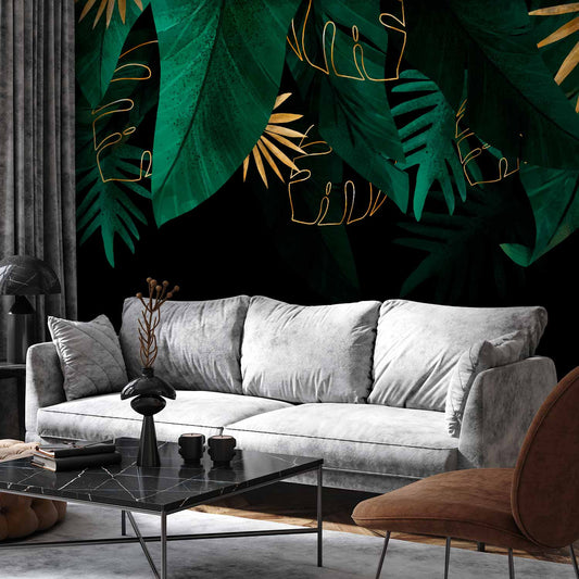 Wall Mural Jungle and composition motif of green and golden leaves on a black background Non-woven Photo Wallpaper b-A-10169-a-a