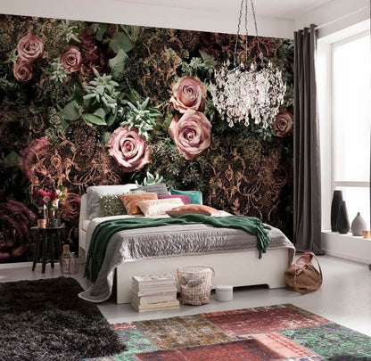 Dark Green Pink and Velvet Floral Photo Wallpaper 