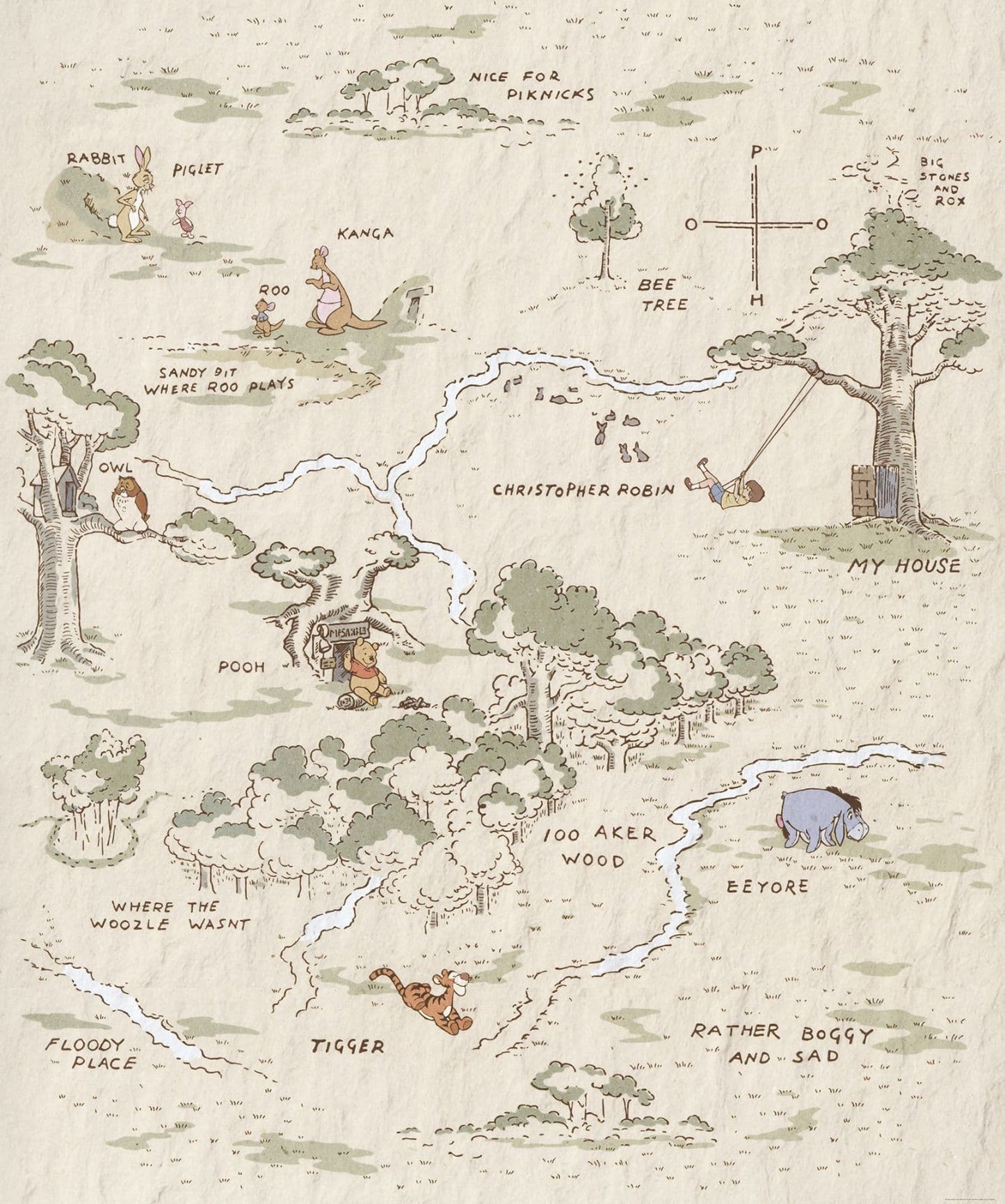 Winnie The Pooh characters Map  Non-Woven Wallpaper Mural Disney