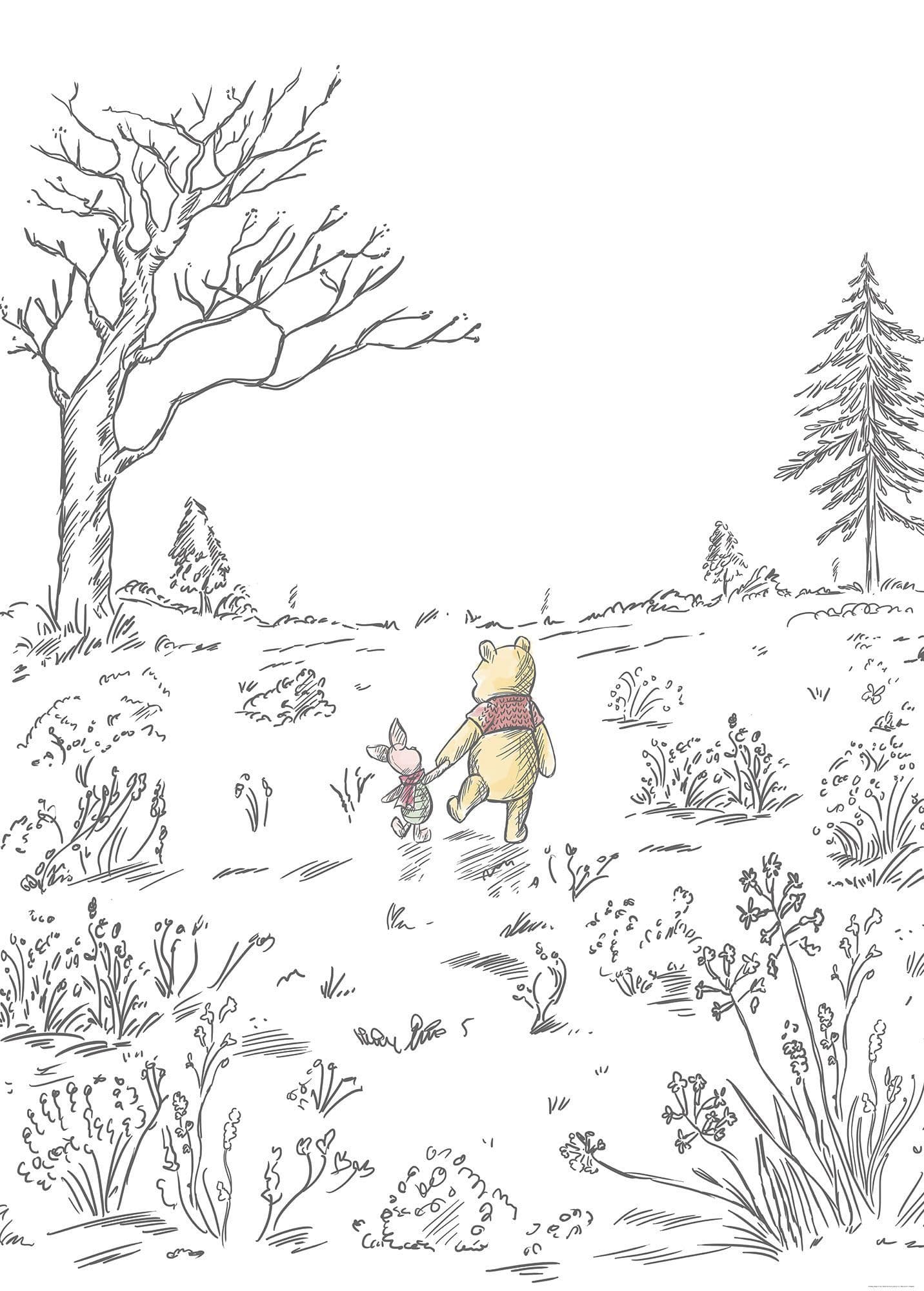 Winnie Pooh and Piglet walk white forest Non-Woven Wallpaper Mural Disney