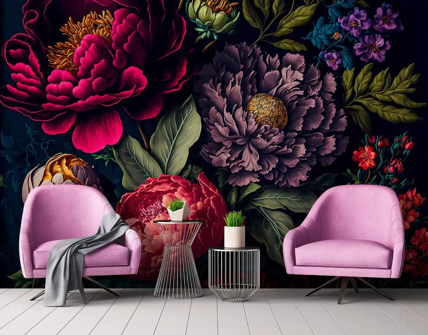 Flowers Peonies and Roses Black Red Non-woven Photo Wallpaper 