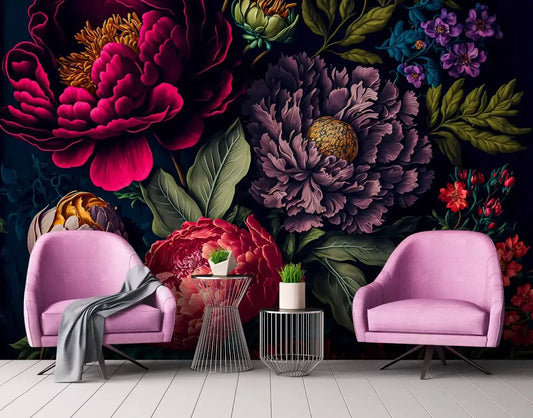 Flowers Peonies and Roses Black Red Non-woven Photo Wallpaper 