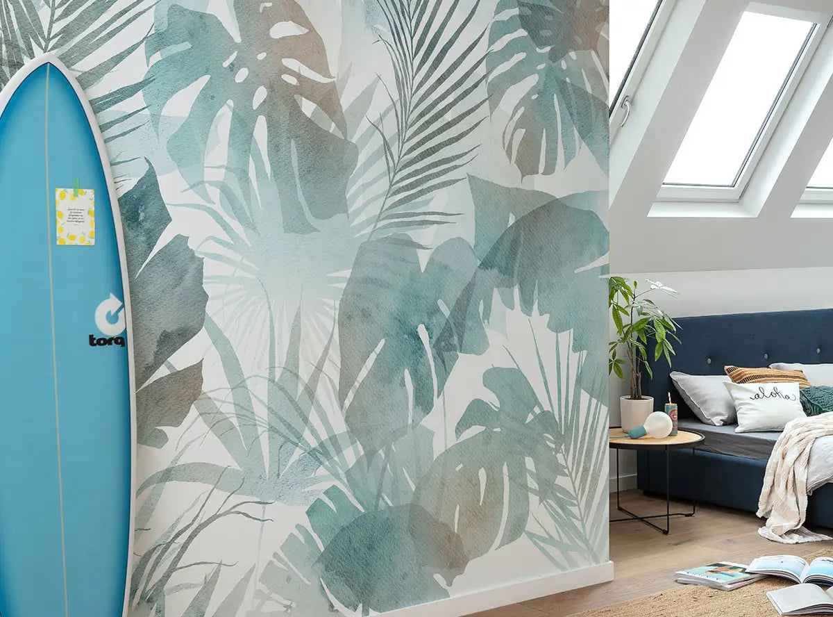 Aqua Flora Botanical Bedroom Botanical Non-woven photo wallpaper 300 cm x 250 cm | 118" x 98"
