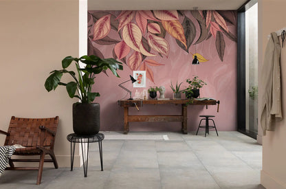 Falling Leafs Pink and Purple Botanical Non-woven photo wallpaper  350 cm x 250 cm | 137" x 98"