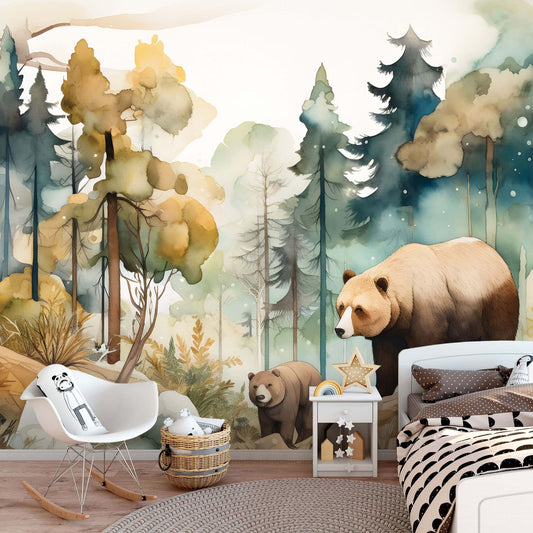 Painted Forest and Bears Non-Woven Photo Wallpaper 