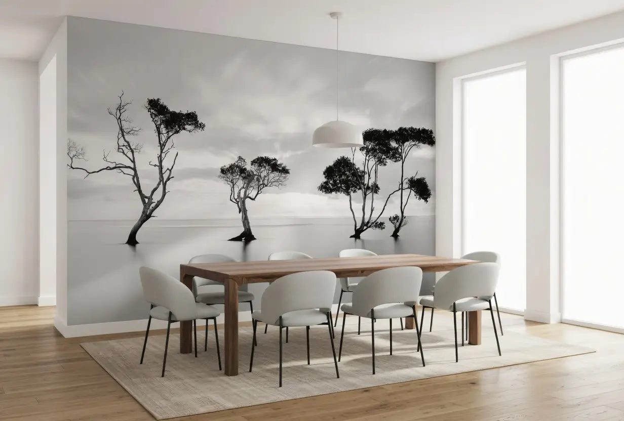 Dining room with a large wall mural of trees by the water