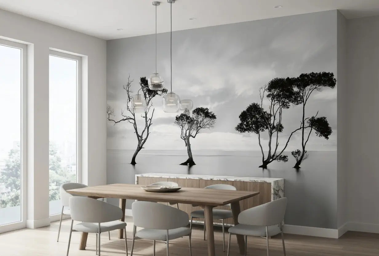 Dining room with a wall mural of trees and a wooden table.