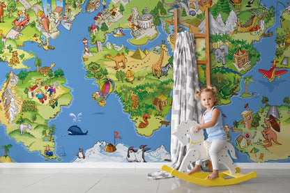 Animals of the World Cartoon Map Nursery Photo Wallpaper Nice Wall
