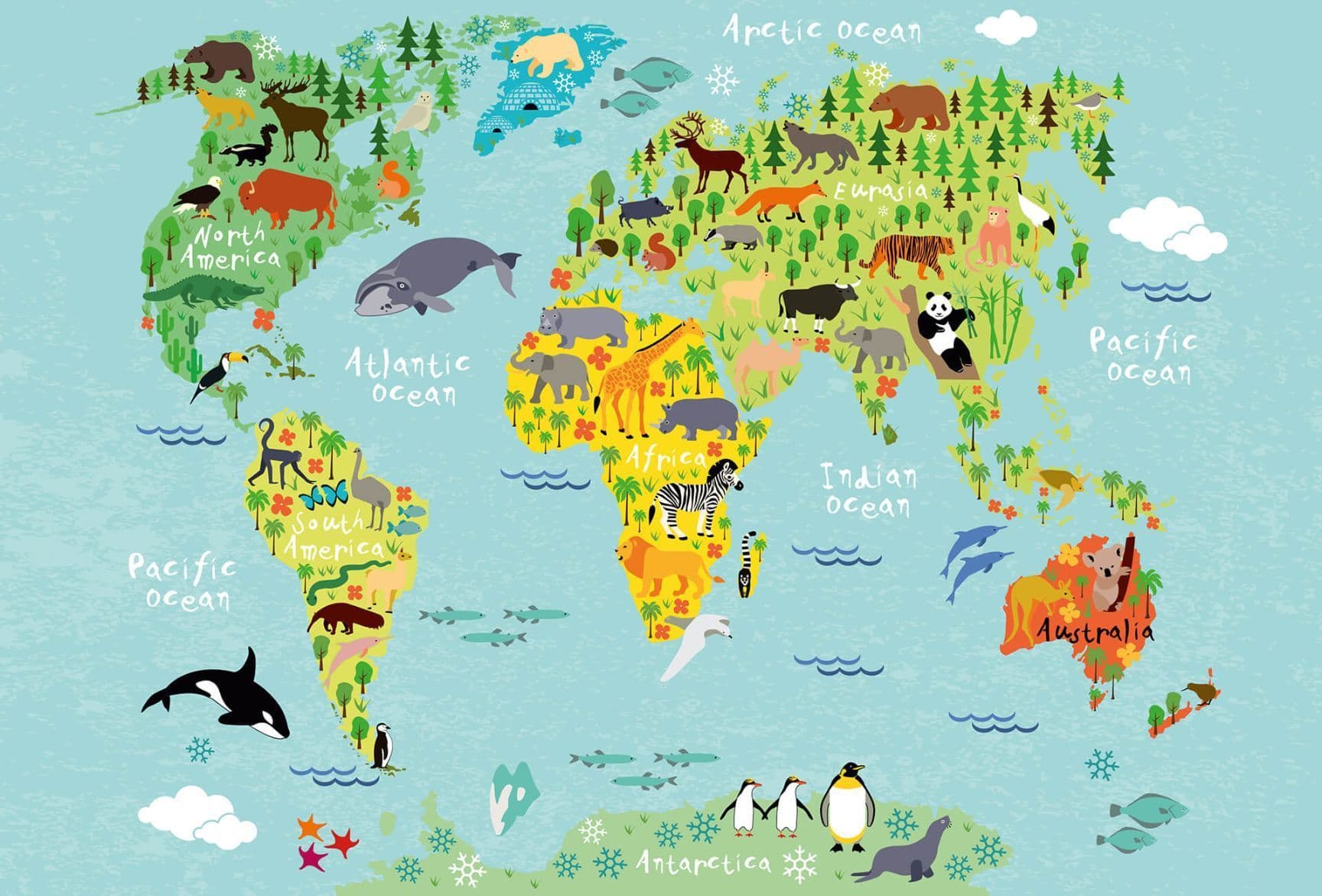 Kids World Map Animals Wallpaper Mural Idealdecor