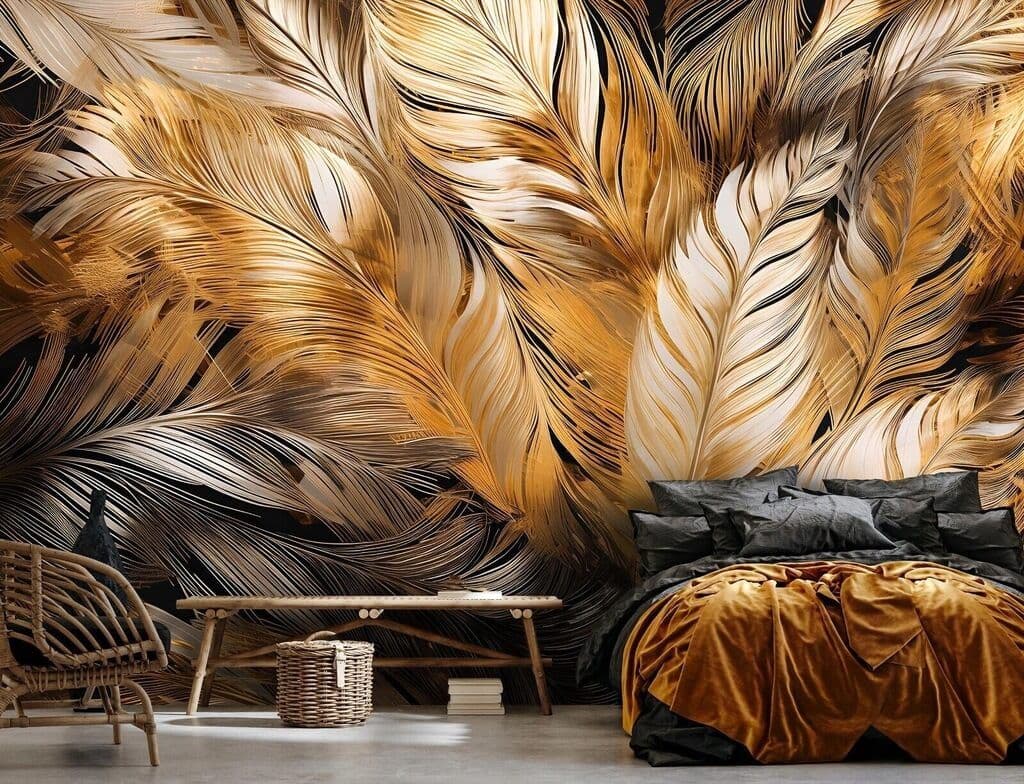 Large Golden Feathers Non-woven Photo Wallpaper 