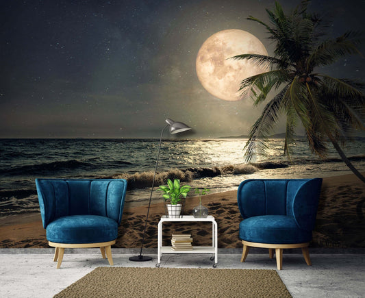 Night Beach Scenery with Moon Non-woven Photo Wallpaper 