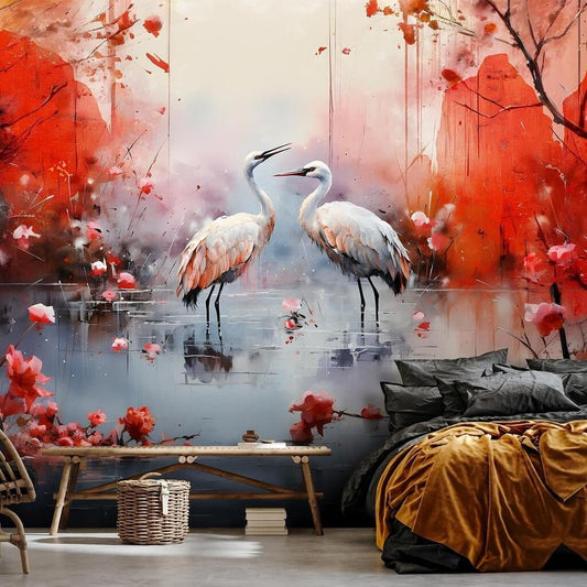 Wild Cranes Red Background Non-woven Photo Wallpaper 