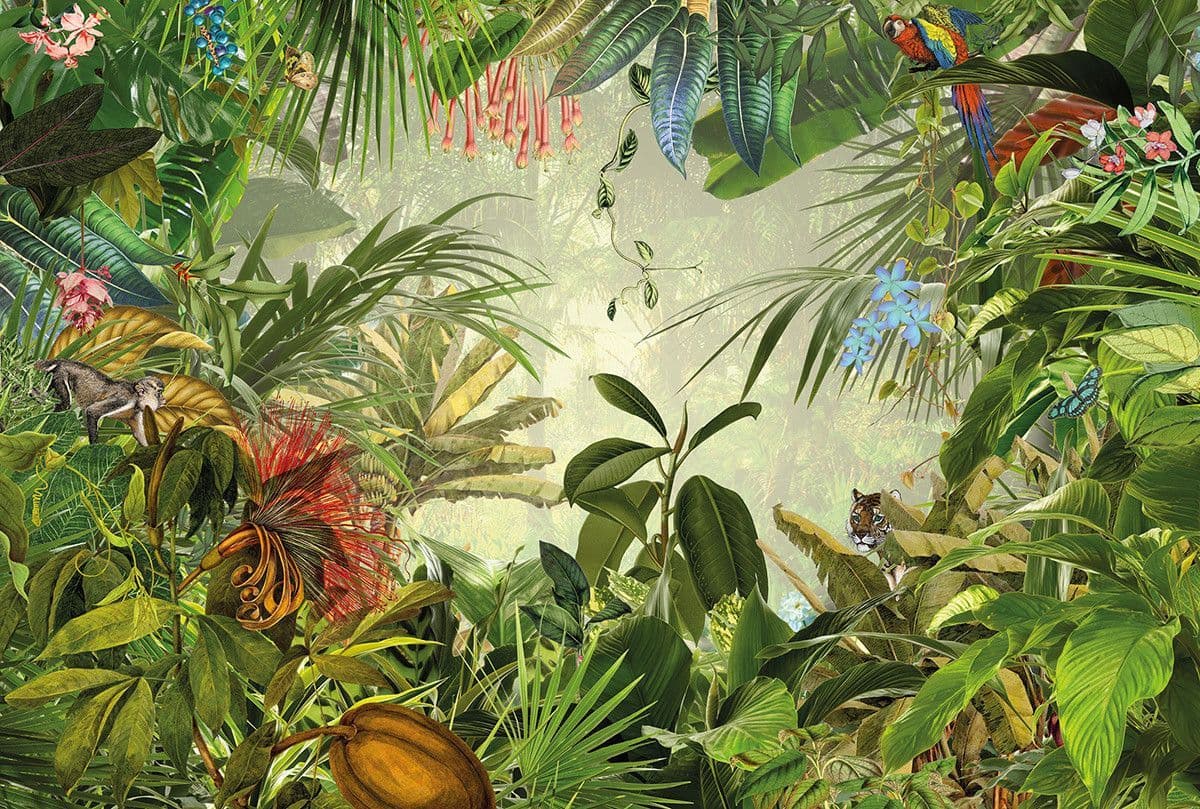 Green Rainforest Jungle Botanical Satin Non-Woven Wall Mural 