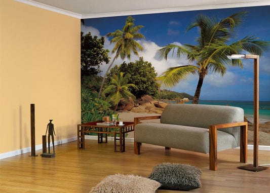 Praslin Tropics Palms on the Sandy Beach Living Room Photo Wallpaper 