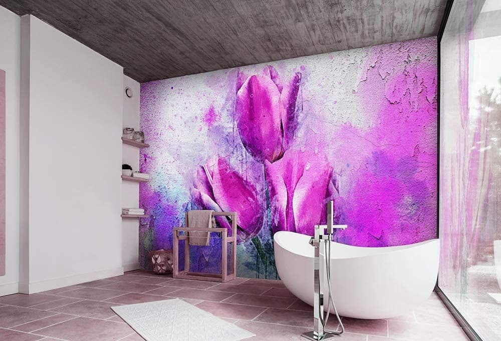 Purple Tulips Floral Composition Painted Non-woven Photo Wallpaper 